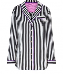 Ultra silky with bold monochrome striping, Juicy Coutures night shirt is a seriously stylish take on sleepwear - Notched collar, long sleeves, button-down front, chest pocket, purple trim, pink dotted side inserts - Relaxed fit - Wear alone, or over a cami and figure-hugging shorts