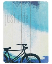 A bicycle built for you, the wooden Just Ride sign by Lisa Weedn features a bike silhouetted against splashes of blue and green.