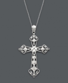 The perfect gift for confirmation: a traditional cross with a unique twist. Pendant features an ornate diamond-cut design set in 14k white gold. Approximate length: 18 inches. Approximate drop width: 3/4 inch. Approximate drop length: 1-1/2 inches.