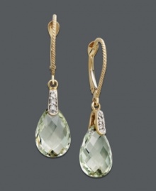 Add sweet drops of citrus color to your attire. Earrings feature faceted pear-cut green quartz (5-1/3 ct. t.w.). Crafted in 14k gold with sparkling diamond accents. Approximate drop: 1-1/4 inches.