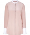 Elegant blouse in fine, pure pale pink silk - Ultra-soft, lightweight material drapes beautifully - Classic button down style with chic, triangular slit detail at back - Contrast stand-up collar and extra-long cuffs - Slim yet relaxed silhouette - Pair with a cropped trouser, a skinny leather pant or Bermuda shorts and sandals or ballet flats