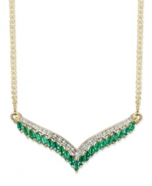 Enhance the glamour of an elegant v-neck gown. This v-shaped pendant necklace is adorned by marquise-cut emeralds (1-1/2 ct. t.w.) and a seamless row of round-cut diamonds (1/7 ct. t.w.). Crafted in 14k gold. Approximate length: 18 inches. Approximate drop length: 1 inch. Approximate drop width: 2-7/8 inches.