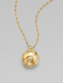 An exquisite design featuring a single round pearl accented with a 18k gold flower cup cap on a delicate link chain.16mm round white organic man-made pearls18k goldplated sterling silverLength, about 16 to 18 adjustablePendant size, about ¾Lobster clasp closureImported 