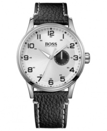 Make the time to look stylish. This Hugo Boss watch boasts rich black leather and an eye-catching dial.