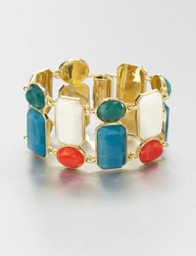 A colorful style featuring faceted stones in various shapes and sizes in a linked design. Resin stones12k goldplated brassLength, about 7.75Hinged snap closureImported 