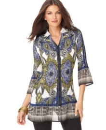 Contrasting paisley & geometric print make this Alfani chiffon tunic a bold pick for a chic statement!