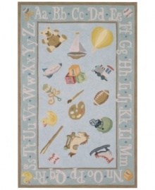 Tickle his baby blues with this adorable, whimsical rug from Momeni's Lil Mo Classic collection. In a throwback to old-fashion nursery styling, the power-blue rug features an assortment of childhood images like a hot air balloon, teddy bear and rocking horse--exciting sights for any little one. An alphabet-themed border offers a head start on learning!  Hand-hooked of pure cotton, Lil Mo Classics feature a cut-loop construction that gives the printed motifs a raised effect and tons of texture.