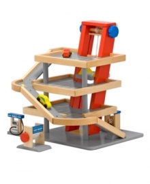 Crank the elevator to raise the two wooden cars up, the four levels and watch them roll down the ramps. There's plenty of parking for the rest of your toy car collection. A parking booth and attendant, a gas pump and a car wash complete the wooden play set.