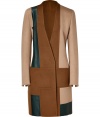 Crafted from exquisitely soft camel hair and accented with rich petrol leather paneling, Akris luxurious patchworked coat guarantees an elegant polish to your outfit - V-neckline, long sleeves, slit cuffs, hidden front snap and button closure, side slit pockets, patchworked seaming - Softly tailored fit - Wear with flawless accessories and slim-fitting separates