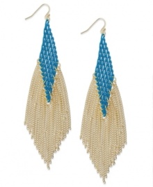 Be bold in blue. INC International Concepts' chic drop earrings dust your shoulders with a multi-chain design in teal tone and gold plating. Set in 14k gold-plated mixed metal. Approximate drop: 5 inches.