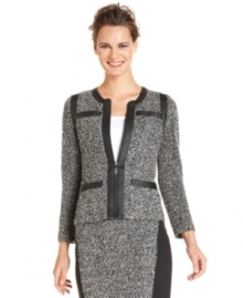 Alfani's tweed-style jacket looks extra sharp with faux leather trim and a zipped front placket.