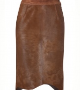 Work an ultra luxurious note into your office essentials with Missonis rich brown haircalf pencil skirt, finished with an uneven raw hemline for that added edge of contemporary-cool - Hidden side zip, button closure, tonal suede waistband, fully lined - Form-fitting - Mix it up with patterned knits and a finish of sleek matching brown leather accessories