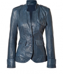 Add a lick of leather to your retro-chic outerwear with Rachel Zoes cool blue lambskin jacket - Notched collar, long sleeves, belted cuffs, buttoned epaulettes, buttoned flap pockets, buttoned front, double back vents - Tailored fit - Wear over everything from cocktail dresses to elevated jeans-and-tee ensembles