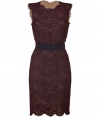 Stunning in a wine-inspired hue, this lace dress from Emilio Pucci channels old-fashioned elegance - Round neckline, sleeveless, sheer lace overlay with solid neutral underlay Elasticized waistband, scalloped lace hem, fitted silhouette, concealed side zip closure - Wear with a cropped evening jacket and classic platform pumps