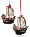 Set sail on a holiday adventure! More merry than menacing, Kurt Adler's handcrafted pirate ship ornaments your tree with silver sails, red trim and, of course, a skull and crossbones. Shown front and back.