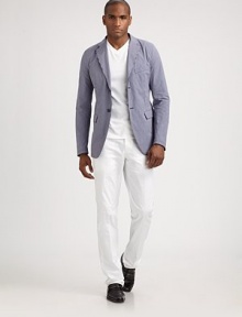 Modern-fit silhouette sets the tone for this leisure-style, striped blazer, rendered in superior Italian cotton.Two-button frontChest welt, waist flap pocketsRear ventAbout 29 from shoulder to hemCottonDry cleanMade in Italy