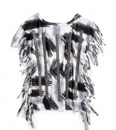 THE LOOKAllover abstract print with rhinestone stripe detailing in frontFringe trim along sidesPullover styleTHE MATERIALBody: 97% polyester/3% spandexSecond fabric: polyesterCARE & ORIGINMachine washMade in USA