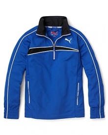 A bold blue PUMA pullover features a front stripe and signature logo.