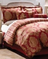 Making a splendid statement, this jacquard woven Palazzo comforter set lends a traditional red and gold medallion pattern with decorative twisted cord embellishments to your space. Comforter reverses to a regal stripe pattern.