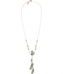 With a stylish Navajo-inspired motif, this boho-chic necklace from Ben-Amun is a new season must-have - Silver-plated pendant with feather fringe detail and turquoise, leather chain - Pair with denim cut offs, a billowy blouse, and fringe-detailed ankle boots