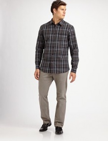 A clean, easy-wearing look is cut from pinpoint oxford cotton with plaid checks and modern style. Buttonfront Chest patch pocket Cotton Dry clean Imported 