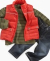 Cold weather has nothing on him when he's bundled up in this handsome shirt, jean and vest set from Calvin Klein.