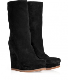 Fall goes luxe with these must-have suede wedge boots from the modern master of minimalism, Jil Sander - Round toe, front platform, high wedge heel, contrasting rubber sole, mid-shaft length, pull-on style - Style with pleated wool shorts, ribbed tights, and an oversized cashmere pullover