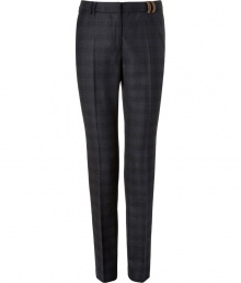 Stylish pants made of fine, dark grey plaid wool - Fashionable, slim and straight cut with pleats - Side pockets, welt pockets with buttons at back - Favorite everyday pants for the office with a blouse and blazer or cardigan, and with heels or flats