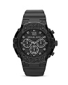 MICHAEL Michael Kors' fashion-forward all-black timepiece makes chic statement. A bold face featuring three-eye functionality and a date window is framed by a black crystal-encrusted bezel for statement shine.