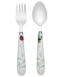 Only the best for baby. The Butterfly Meadow feeding set from Lenox boasts the colorful garden motif parents love, but in a flatware design that's ideal for kids. Featuring a ladybug and bumblebee on ceramic handles.