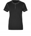 Punctuated with white stitching, this black cotton henley-style tee from Marc by Marc Jacobs counts a must for casual city looks - Round neckline, short sleeves, button placket - Slim fit - Wear with a cool cardigan, jeans and leather boots