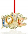 Show some love. Spelled out in gold-plated brass with colorful daisies and swirling hearts, this intricate ChemArt ornament will be a joy to give or receive on Christmas morning.