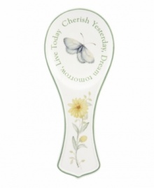 Spring is perpetually in season with the Butterfly Meadow spoon rest. Colorful blooms and butterflies mingle on beautiful white porcelain with an ultra-sweet message: Cherish Yesterday, Dream Tomorrow, Live Today. Qualifies for Rebate