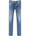 With Western-inspired details, these stylish distressed jeans from True Religion will amp up your casual basics - Classic five-pocket styling, fading details, decorative back pockets with logo detail, contrast stitching - Straight leg, slim fit - Pair with a tee and a blazer or a cashmere sweater