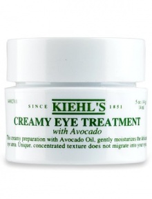 Only the finest ingredients are used for Kiehl's rich, Creamy Eye Treatment with avocado. Contains Vitamin A, Avocado Oil and fatty acids in a unique non-migrating formula that stays in place and provides superb hydration to the delicate skin around the eye area. 0.5 oz.