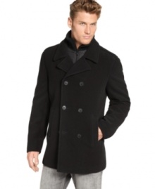 Traditional topper. You can't go wrong with the iconic design and classic warmth of this plush wool pea coat from Calvin Klein.