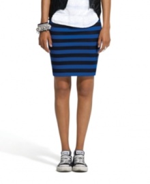 Stripe it rich: Bar III mixes a body-hugging pencil skirt with sporty rugby stripes for a unique look!