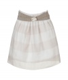 Stunning in striped ivory and stone silk, Brunello Cucinellis layered organza skirt is both modern and exquisite - Elasticized waistline, sheer striped organza top layer, white opaque under skirt, stone stretch belt with horn-effect buckle and snap closures - Full silhouette - Wear with a pristine silk or cashmere top and flawless leather flats