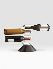 Evoking the majestic Southwest, this dramatic conversation piece pairs sleek black granite and signature alloy in a design that allows bottles to be stored horizontally by their necks. Holds 5 standard 750 ml bottles Granite base supports a tarnish-resistant metal rack, edged in granite 9W X 13H X 3¾D Imported 