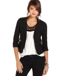 This blazer from BCX is off the chain! Chain accents at the pockets and soft ruched sleeves makes this look pop!