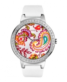 This colorful paisley print makes you long for the swinging sixties. Features leather strap, Swarovski crystal bezel and stainless steel case.