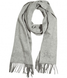 Elegant shawl made ​.​.of pale gray cashmere from the iconic British label Burberry London - Long and wide with decorative fringed edge and embroidered Burberry horse logo - Wear this classic accessory with a duffle coat, parka or blazer for added warmth and style