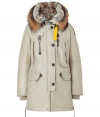 Whether youre hitting the city or the slopes this season, Parajumperss sand down parka is a sporty-luxe cold-weather essential - Water- and wind-resistant outer has an elegant, light sheen - Slim cut style hits mid-thigh - Full zip and supplementary button placket - Elbow patches and decorative contrast yellow trim - Raccoon-trimmed hood features a rabbit lining -  Two vertical flap pockets at chest, two oversize flap pockets at hips and single skinny pocket with drawstring - Fashionable and functional, a stylish must for all casual winter looks