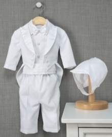 He can't look anymore dapper for his big day than in this darling tuxedo and matching bonnet. Perfect for the big event and church-going Sundays to come.