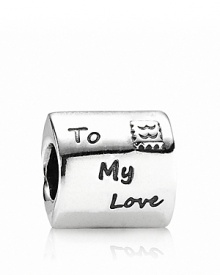 A romantic PANDORA charm with the words 'To My Love' and 'From Me' engraved on a sterling silver envelope and sealed with a red enamel heart.