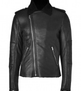 Work an ultra luxurious edge into your outerwear essentials with Each Others soft black shearling biker jacket - Spread collar, long sleeves, zippered cuffs, stitched elbows, off-center front zip, zippered slit pockets, snapped epaulettes, cozy shearling inside - Slim straight fit - Wear with everything from favorite jeans and boots to modern knits and tailored trousers