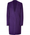 Understated, elegant, and exquisitely luxurious, Akris purple heather cashmere coat is an immaculate choice guaranteed to take you through the seasons in sophisticated style - Wrapped V-neckline, long sleeves, hidden snap and button closures, front slit pockets - Easy straight silhouette - Team with tailored separates and chunky statement jewelry