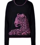 Prowl the urban jungle in chic Juicy Couture style with this pink metallic detailed snow leopard pullover - Round neckline, metallic trim, long sleeves, metallic trimmed cuffs, fine ribbed trim - Loosely fitted - Wear with leather leggings and shearling lined boots