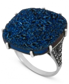 Beautiful in blue. Genevieve & Grace's square ring, set in sterling silver, is adorned with blue druzy and glittering marcasite for a look that's truly stunning. Approximate width: 3/4 inch. Size 7.