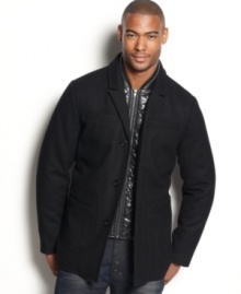 Sean John takes the trend for layering traditional tailoring over workout wear-and puts it together like nobody else. Here, a classic wool blend sport coat unbuttons to reveal an inner layer that borrows its ribbed collar and zip-up front from your favorite warm-up. Go ahead, play with their minds.